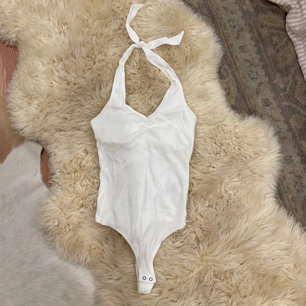 Hollister Co. White Ribbed Halter Thong Bodysuit